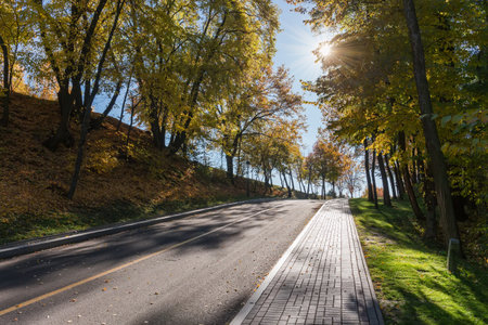 Hilly section of local narrow asphalt road with sidewalk paved with stone paving tiles at the beginning of the descent in autumn forest in sunny day backlitの写真素材