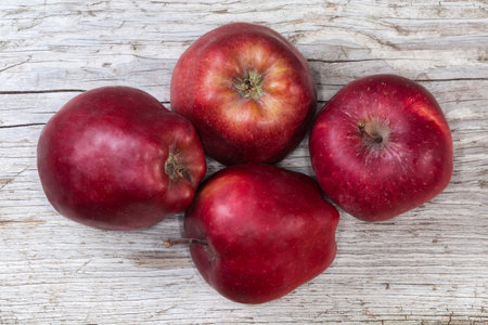 Several whole dark red apples on an old cracked wooden surface, top viewの写真素材