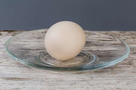 Whole boiled chicken egg in a white shell on glass transparent saucer on a old cracked wooden surface, side view in selective focus on a gray backgroundの写真素材