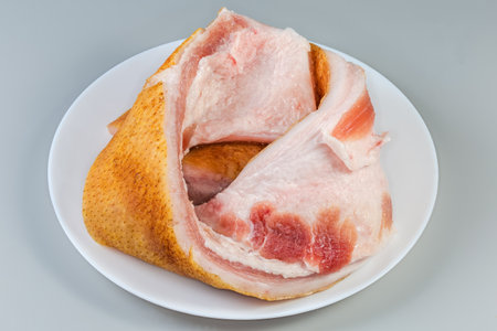 Long pieces of the salted pork fatback on skin with meat layers on white dish on a gray backgroundの写真素材