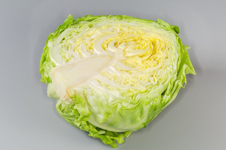 Half the head of young white cabbage on a gray background, close-upの写真素材