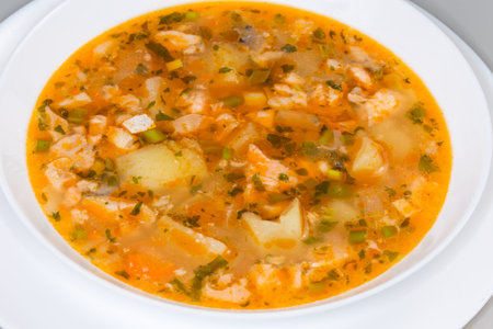 Clear soup salmon in a white bowl, close-up in selective focusの写真素材