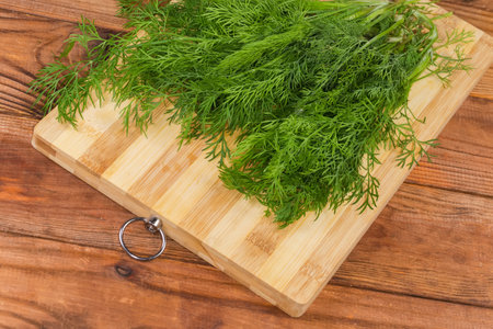 Bunch of the stems of young freshly harvested dill on a wooden cutting board on an old rustic table, top viewの写真素材