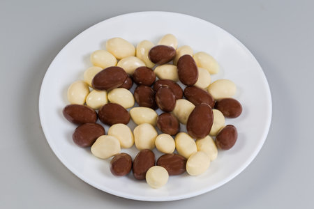 Confections in the form of almond nuts covered with white and milk chocolate on the white dish on a gray backgroundの写真素材