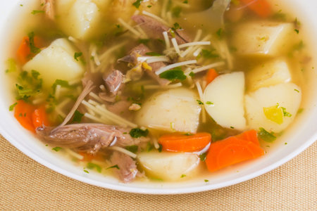 Freshly prepared hot homemade chicken soup with thin short vermicelli in the white bowl on the textile napkin, fragment close-up in selective focusの写真素材