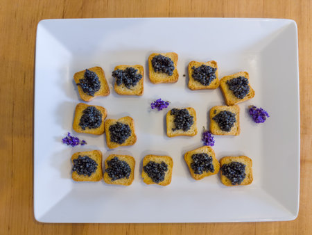 Open sandwiches with salt-cured beluga caviar on the small pieces of bread on the rectangular plate, top viewの写真素材