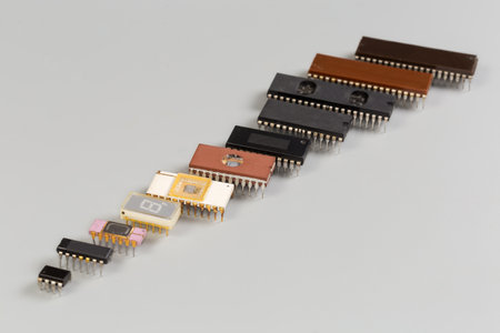 Digital integrated circuits various purposes in plastic and ceramic dual in-line packages with pins for thru-holes mounting laid in a row on a gray surface, close-up in selective focusの写真素材