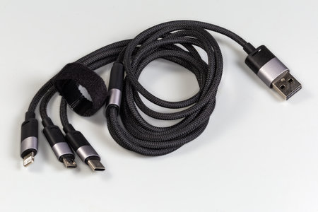 Coiled black braided slicing cable adapter USB Type-A to three various plugs - USB-C, micro-USB and Lightning at the other edges on a gray backgroundの写真素材
