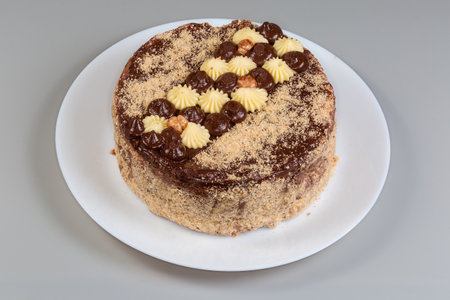 Whole round layered sponge cake decorated with milk and white chocolate atop on a white dish on a gray backgroundの写真素材