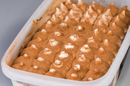 Dessert in the form of spherical pieces of ice cream sprinkled with cocoa powder in container on a...