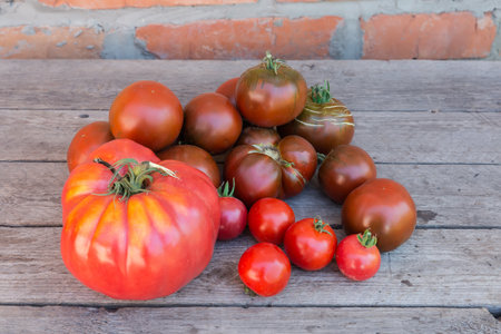 Small heap of whole ripe organic ribbed and ordinary tomatoes kumato, big pink tomato and several cherry tomatoes on a foreground on the old rough wooden surfaceの写真素材