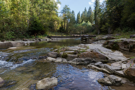 Section of a small mountain river with narrow wooden footbridge and forest on banks at autumn dayの写真素材
