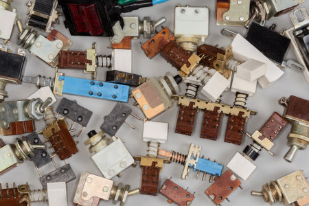 Various old outdated electrical switches for switching electrical circuits and power switches of...