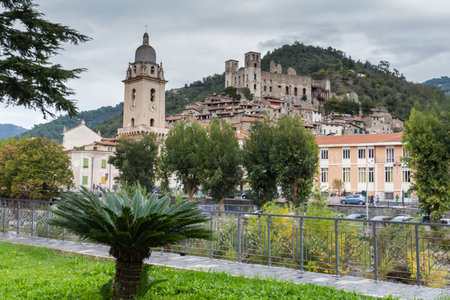 Old town and Doria Castle of the 11-th century on the hillside at autumn overcast day in Dolceacqua village, Italy,の写真素材