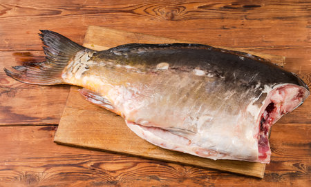 Raw big gutted mirror carp cleaned from the fish scales and without head on the large wooden cutting board on an old rustic tableの写真素材
