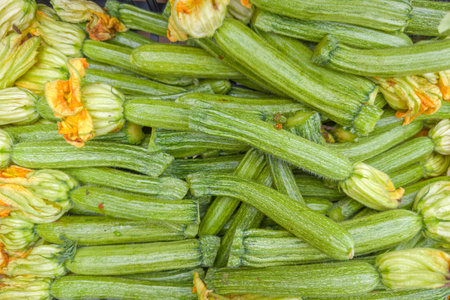 Raw young zucchini Romanenca, also known as zucchini carom, or Ribbed Roman with flowers in a container for sale at the vegetable market, top view outdoors in overcast dayの写真素材