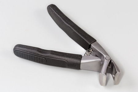 Professional stainless steel pedicure nail clipper for grooming of thick and ingrown nails on a gray backgroundの写真素材