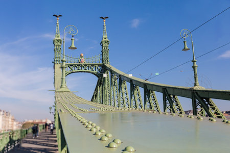 Liberty Bridge of the 19th century in Nouveau style, Budapest. Riveted lattice iron structures with masts, decorated with mythological statues and coat of arms,  fragment close-upの写真素材