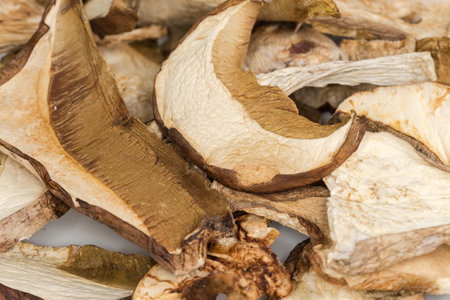 Heap of dried slices of the brown caps and stems of Boletus edulis on dish, close-up in selective focusの写真素材