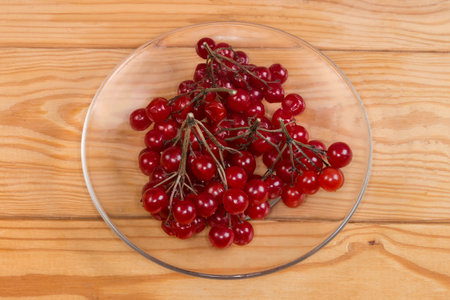 Clusters of the ripe viburnum on a glass saucer on a rustic table, top viewの写真素材
