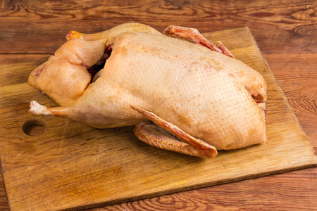 Raw gutted carcass of domestic duck on a wooden cutting board on a rustic tableの写真素材