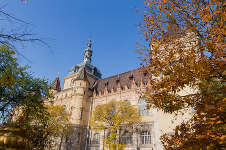 Southern facade of Vajdahunyad Castle of early 20th century in Budapest, view of castle fragment with towers among the trees branches at autumn sunny dayの写真素材