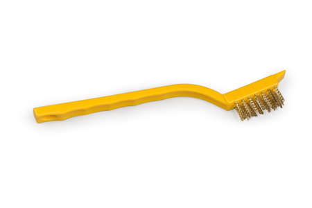 Manual brush with bristles of the brass corrugated wire on yellow plastic handle on a white backgroundの写真素材