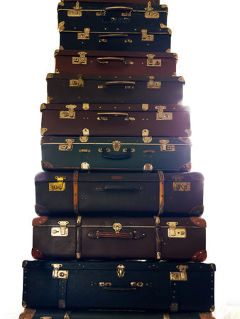 High stack of the closed old rectangular-shaped old-fashioned shabby hardshell suitcases different sizes, made with leatherette of various color on a white background backlitの写真素材