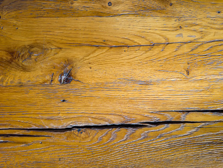 Texture of the old varnished wooden plank made of cracked knotted oak woodの写真素材