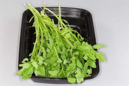 Stems of the freshly harvested arugula in the black plastic container on a gray background, close-up in selective focusの写真素材