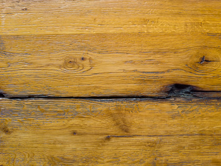 Texture of the old varnished wooden plank made of cracked knotted oak woodの写真素材
