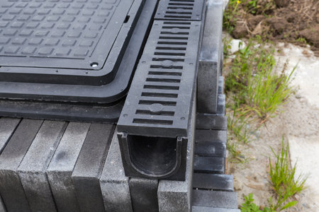 Plastic square sewer hatches and gutters of the rain drain with drainage grates atop lie on a stack of other construction materials outdoors, fragment close-upの写真素材