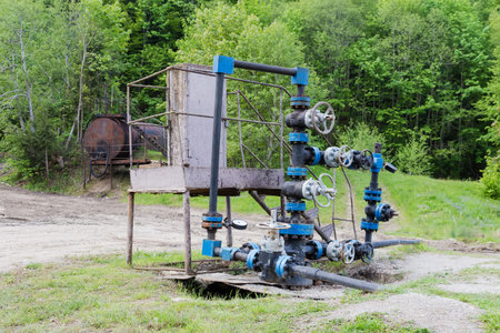 Old structure of the oil wellhead with pipe fittings, valves and measuring equipment on an oil field against the forestの写真素材
