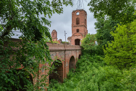 Ruins of brick Korets Castle of 15th century, Ukraine. View from the main entrance side with arched castle bridge over the moat on a foreground in spring overcast rainy dayの写真素材