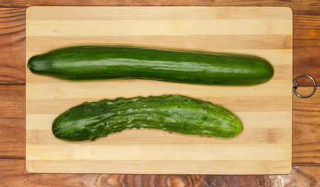 Two whole fresh green long cucumbers of different varieties with smooth and bumpy skin on a wooden cutting board on a rustic tableの写真素材