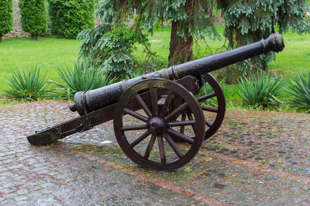 Medieval field muzzle-loading cannon on the two-wheeled carriage on an old castle territory at overcast rainy dayの写真素材