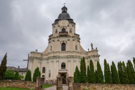 Baroque masonry Church of the Holy Trinity of the 18th century in Mykulyntsi, Ukraine, view from the...