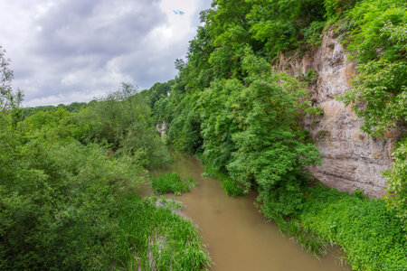 Small river with muddy water after a rain flowing in canyon in spring overcast dayの写真素材