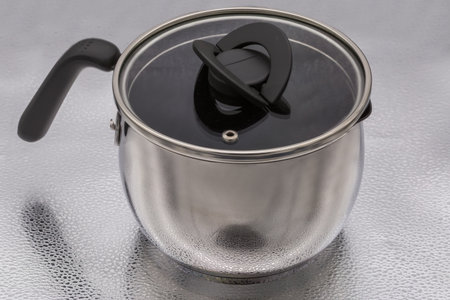 Small stainless steel deep saucepan-cauldron with closed glass lid and plastic handles on a silvery surfaceの写真素材