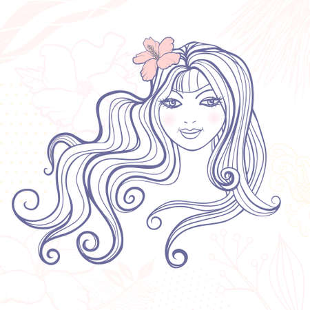 Beautiful girl with long curly hairs and a flowerのイラスト素材