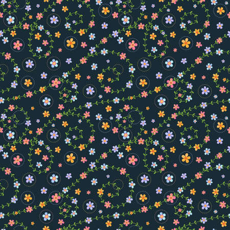 Seamless pattern with multicolored flowers on dark blue backgroundのイラスト素材