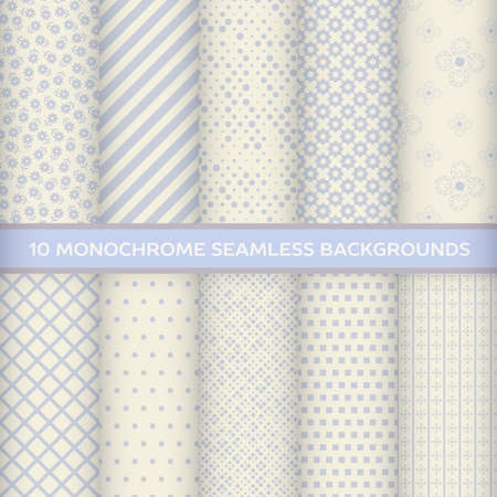 Set of monochrome seamless backgrounds in polka dot, striped, diagonal, square, rhombus, checkered, star, floral with pastel colorsのイラスト素材