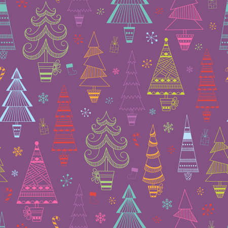 Christmas seamless background with multicolored fir trees and snowflakes for your designのイラスト素材