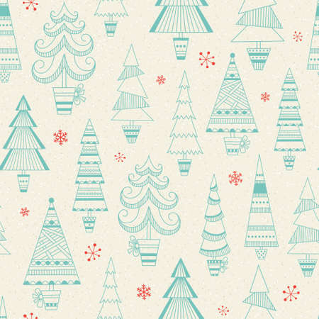 Christmas seamless pattern with fir trees and snowflakes on beige backgroundのイラスト素材