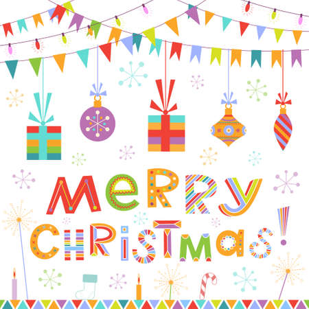 Colorful Christmas background with snowflakes, balls, gifts and greeting textのイラスト素材