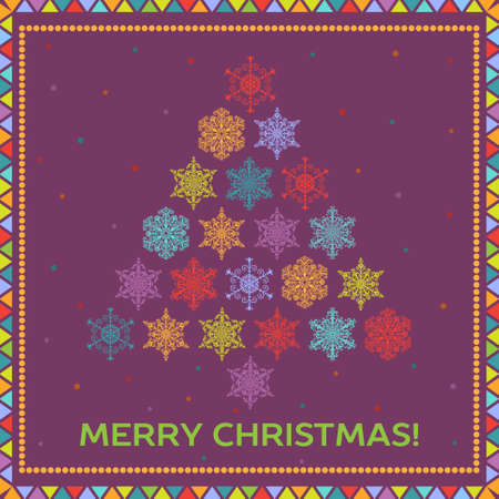 Bright Christmas background with fir tree from multicolored snowflakesのイラスト素材
