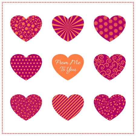 Background with patterned hearts in vibrant colors on white. Can be used as valentine card, greeting card or invitationのイラスト素材