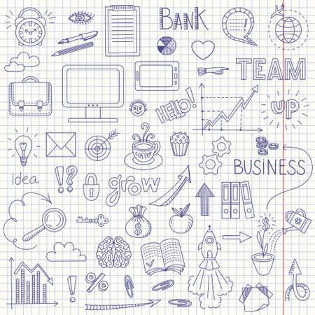 Business doodle background with graph, arrows, cloud, text and other design elements on whiteのイラスト素材