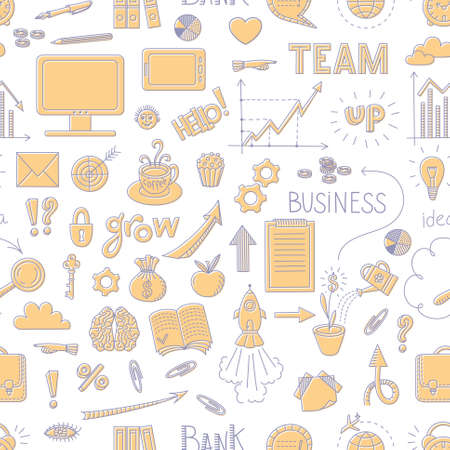 Seamless business doodle pattern with graph, arrows, cloud, text and other design elements in two colorsのイラスト素材