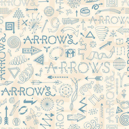 Abstract seamless pattern with different doodle arrows like spiral, wave, zigzag, swirl and lettering on beige backgroundのイラスト素材
